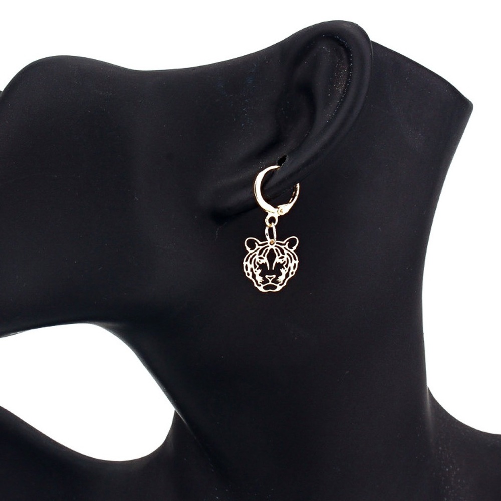 2/$20! Silver Laser Cut Tiger Face Huggie Hoops - Picture 3 of 6
